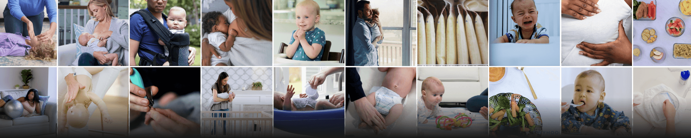 A collage of images: parents holding babies, babies learning to eat, play, and grow on their own.