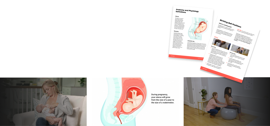 Top right, Tinyhood handouts. Bottom left, Woman breastfeeding. Bottom center, Graphic of a baby in the womb. Bottom right, Instructor working with a pregnant woman.