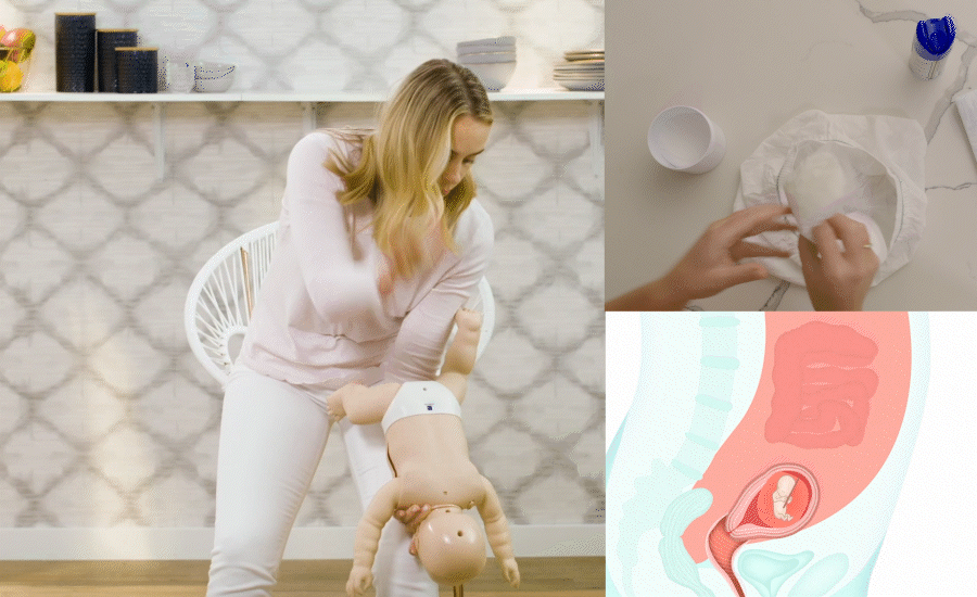 A series of gifs. Left, a woman performing CPR on a doll. Right top, a pad being put into underwear. Right bottom, a graphic of a baby growing in the womb.